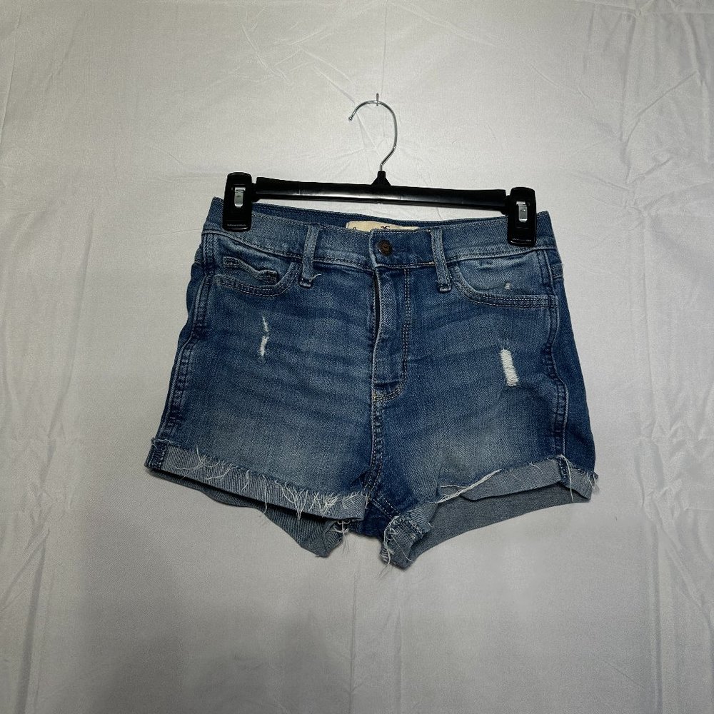 Hollister High Rise Short-Short Jean Shorts 0/24 Distressed Medium Wash